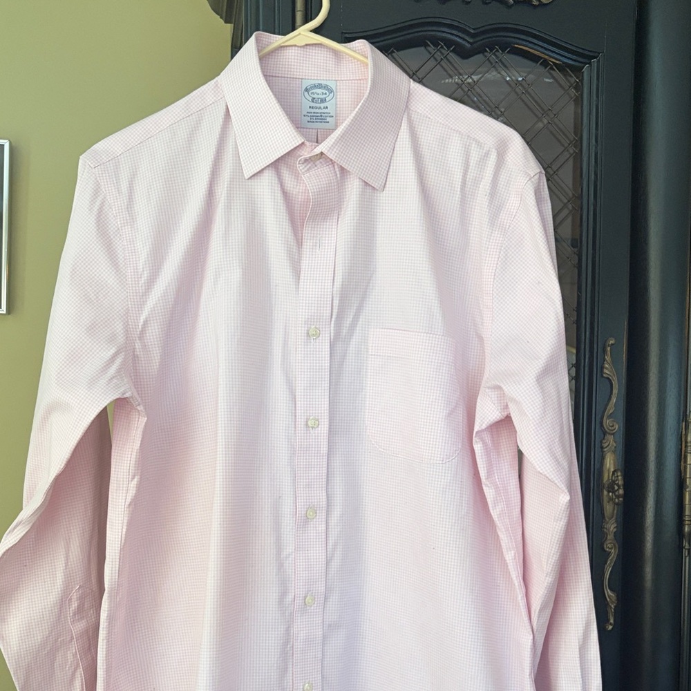 Brooks Brothers Men's Pink and White Check Dress Shirt